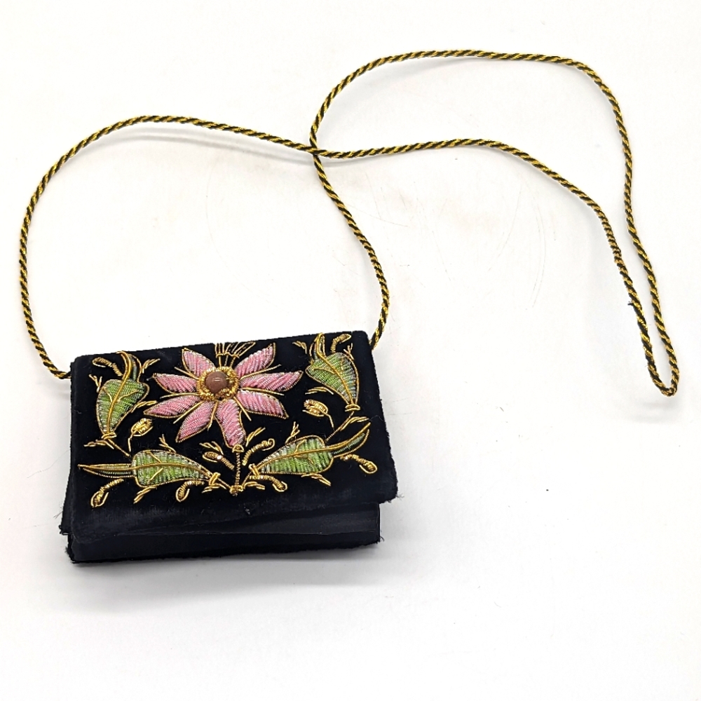 Vtg 80's Embroidered Metallic Velvet Formal Purse Small Black Gold Beaded Floral
